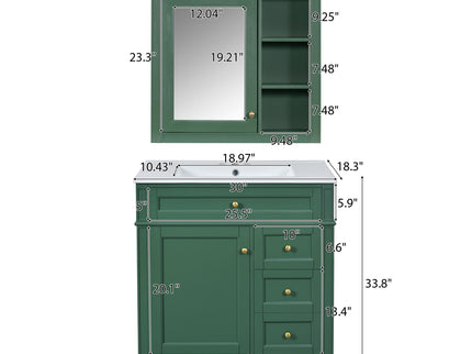 Bathroom Vanity With Top Sink, 2 Doors And 3 Drawers, Freestanding Set With Mirror Cabinet