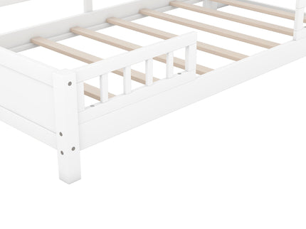 Wood Platform Bed With Built In LED Light, Storage Headboard And Guardrail
