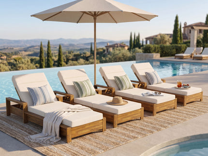 Chaise Lounge Set With 4 Fold Cushion And Built In Headrest, 3 Position Adjustable, For Patio Pool - Cream / Teak
