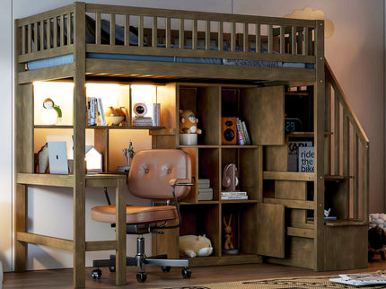 Loft Bed With Built In L Shaped Desk, LED Lights, Storage Shelves, Cabinets, And Staircase
