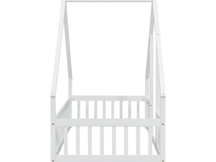 Wood House-Shaped Floor Bed With Fence, Guardrails