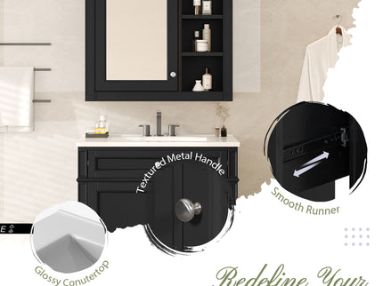 Bathroom Vanity With Top Sink, 2 Doors And 3 Drawers, Freestanding Set With Mirror Cabinet