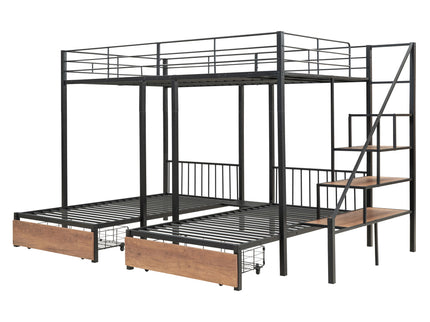 Full Over Twin-Twin Triple Bunk Bed With Drawers And Staircase - Black