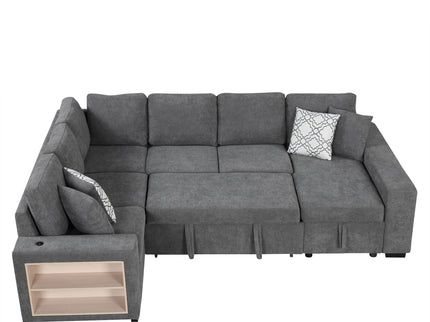 U-Shaped Sectional Sofa Pull-Out Sofa Bed With Two USB Ports, A Storage Chaise Lounge And Four Back Pillows For Living Room