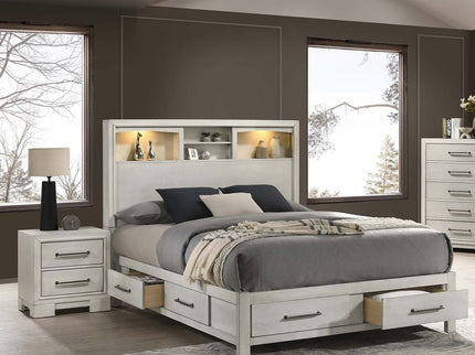 Transitional Bed With Smooth Gliding Drawers, Built In Lights, Open Headboard Shelves