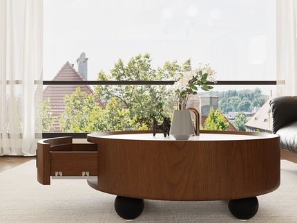 Round Coffee Table With Ball Feet, Pull Handle Storage Drawer - Bouguer Walnut / Brown