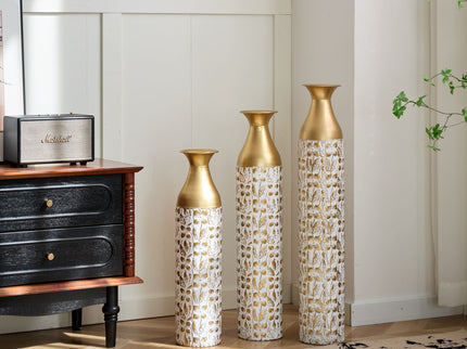 Mother's Day Gift Set Gilded White 3D Relief Flower Metal Vase Set - White / Gold