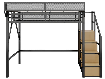 Queen Size Loft Bed & Stairs, Storage Shelves, Wardrobe - Black / Wood