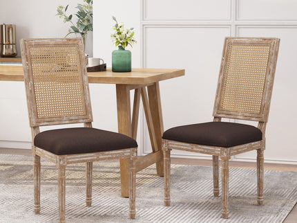 French Country Dining Chair With Rectangular Cane Backrest And Smooth Upholstered Seating