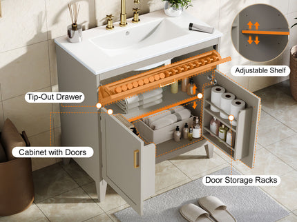 30" Bathroom Vanity With Sink Top, Soft Close Double Doors & Tip Out Drawer, Adjustable Interior Shelf, Door Mounted Organizers - Beige