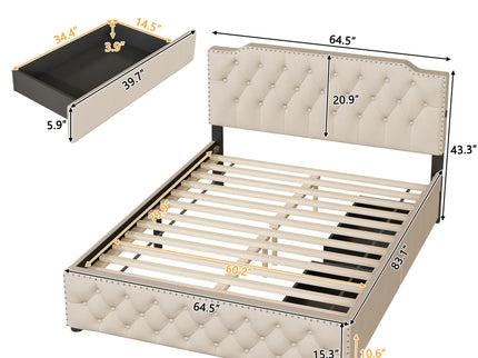 Upholstered Platform Bed With 2 Drawers And 2 Sets Of USB Ports On Each Side, Fabric