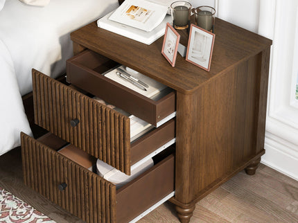 Mid Century Modern Fluted Nightstand 2 Piece Set With 3 Drawers - Walnut