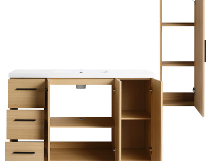 Freestanding Bathroom Vanity Set With Tall Side Cabinet, 3 Drawers And 3 Door Cabinet, Integrated Sink, Large Storage - Glossy White / Light Oak