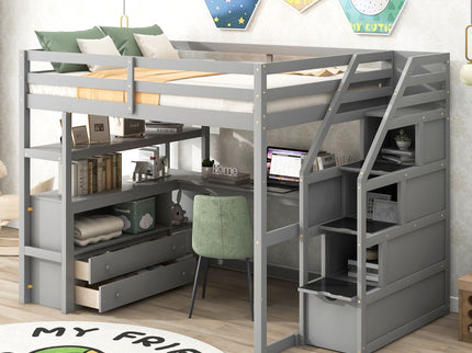 Loft Bed With Desk, Shelves, 2 Drawers, Storage Staircase