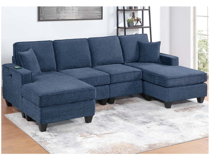 Sectional Set With USB Port Right Arm Chaise, Armless Loveseat, Left Arm Chaise, 3 Piece, Includes Matching Pillows - Dark Blue