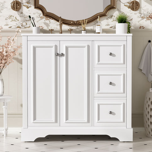 Bathroom Vanity With Sink, Soft-Close Doors, Adjustable U-Shelf, 3 Drawers