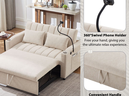 Convertible Sofa Bed Loveseat Sofa With Three USB Ports, Two Side Pockets, Two Cup Holders And 360° swivel Phone Holder For Living Room