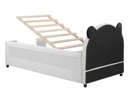 Upholstered Daybed With Bear Shaped Headboard, Hydraulic System And Breathable Fence