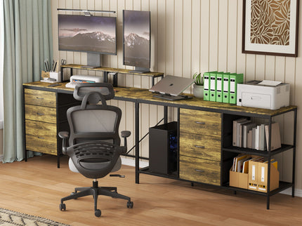 Industrial L Shaped Desk With Power Hub With 6 Drawers And Adjustable Monitor Stands - Brown