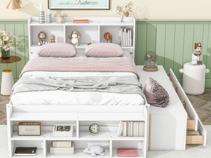 Bed With Bookcase Headboard, Under Bed Storage Drawers And Bed End Storage Case