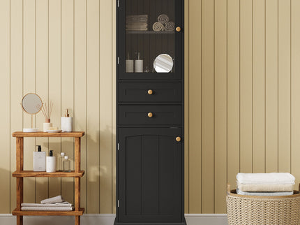 Tall Bathroom Storage Cabinet With Glass Doors, Free-Standing, Two Drawers, And Adjustable Shelves, Board, Painted Perfect For Displaying Your Favorite Items