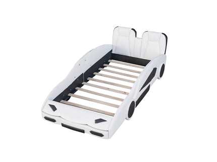 Race Car Shaped Twin Platform Bed With Wheels, Pine Wood Construction