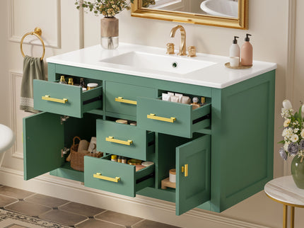 Wall Mounted Bathroom Cabinet With Sink, Multiple Drawers And Doors - Green