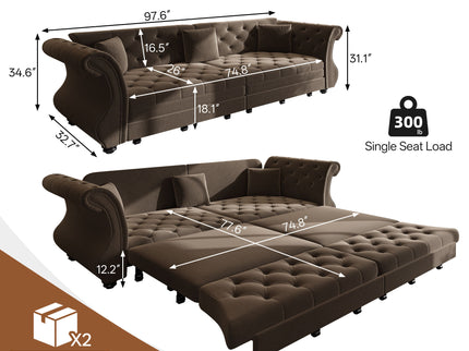 Oversized Chesterfield Pull Out Sofa Bed, Roll Arm Couch With Flower Tufting For Living Room