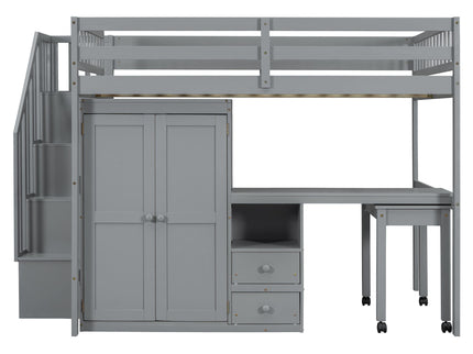 Loft Bed With Stairs, Bookshelf, Drawers, Desk & Wardrobe, Space Saving Multifunctional Furniture