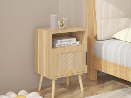 Nightstand, Side Table With Door And Open Shelf For Bedroom - Oak