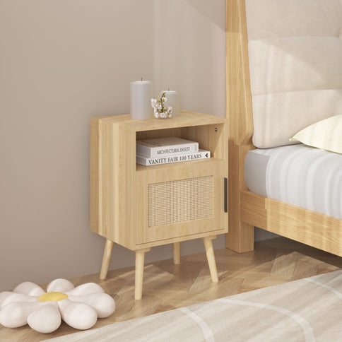 Nightstand, Side Table With Door And Open Shelf For Bedroom - Oak