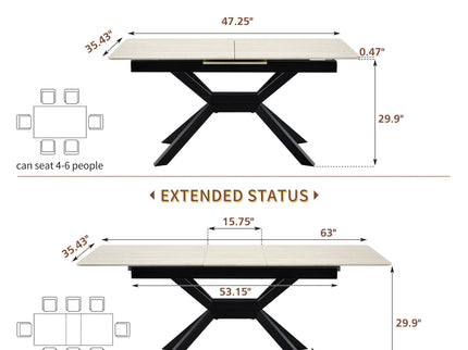 Rectangular Extendable Dining Table With Geometric X Frame, Kitchen Table For Dining Room - Beige