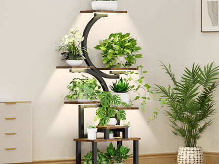 8 Tier Indoor Plant Stand With 5 Grow Lights For Living Room - Rustic Brown