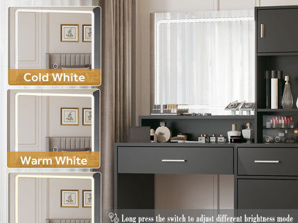 Vanity Desk With Mirror And LED Light Strip, Dressing Table With Large Drawer, 3 Level Storage Dresser & 3 Lighting Modes Adjustable Brightness, Suitable For Bedroom