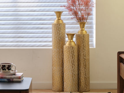 Metal Decorative Vases High Distress Metal Center Vases With Growing Vine Patterns, (Set of 3) Vases For Home Decoration - Gold