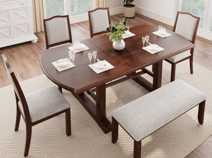 6 Piece Extendable Dining Table Set, Wood Table With Removable Leaf, 4 Upholstered Chairs And Bench - Cherry