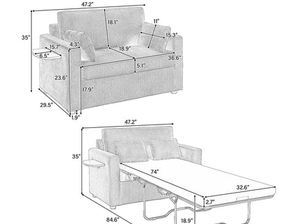 Sleeper Sofa With Foldable Mattress, USB Ports, Side Table & Storage Pocket