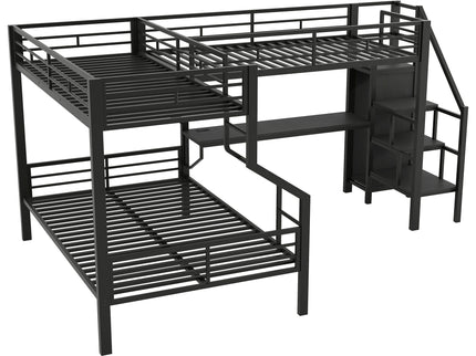 Twin Over Full L Shaped Bunk & Loft Bed With Built-In Wardrobe, Desk, And USB Ports - Black