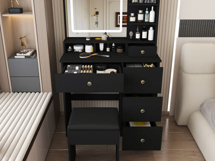 Vanity Desk With Mirror, 3 Color Lighting And Stool