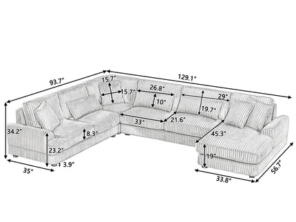 U - Shaped Sectional Sofa With Chaise Lounge, Oversized Living Room Sofa - Gray