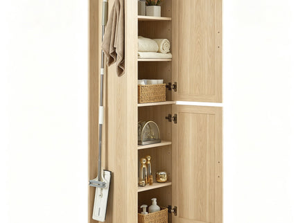 Tall Freestanding Bathroom Storage Cabinet With Adjustable Shelves And Side Hooks
