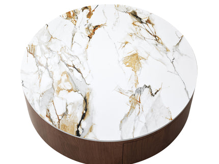 Round Coffee Table With 2 Drawers For Living Room - Walnut Brown / White / Multi