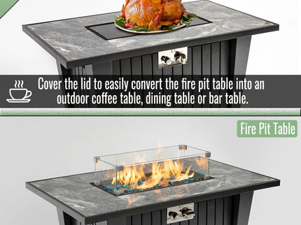 Morden Steel Fire Pit Table With Marble Tile Tabletop, Glass Wind Guard And Lid