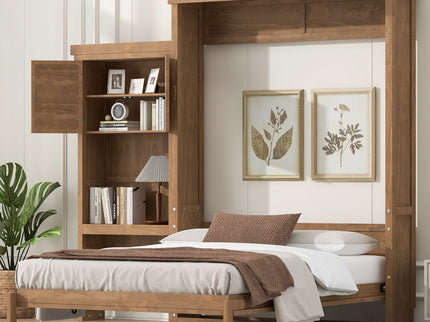 Queen Size Murphy Bed With Louvered Design And Multiple Storage Shelves - Wood