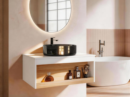 Floating Bathroom Vanity With Vessel Sink With Open Shelf Storage