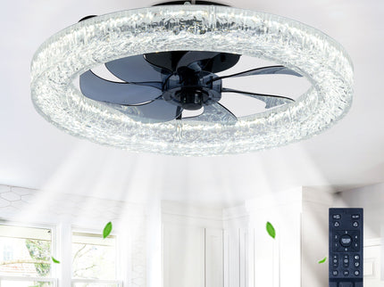 LED Light Source And Remote Control, 3000 - 6500K Dimmable Flush Mount LED Fan Light, 6 Speeds, Quiet DC Motor For Living Room - Matte Black