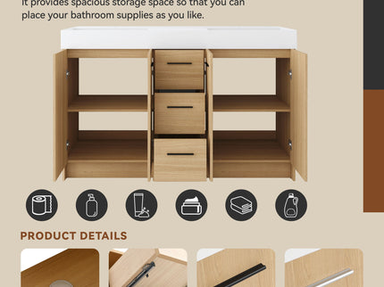 Double Sink Bathroom Vanity With 3 Drawers, Large Storage, Integrated Sink, Freestanding Cabinet, Soft Close Hardware - Glossy White / Light Oak
