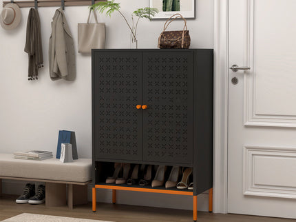 Grid Double Door Shoe Cabinet With Adjustable Compartments And Moisture-Proof Design In Metal
