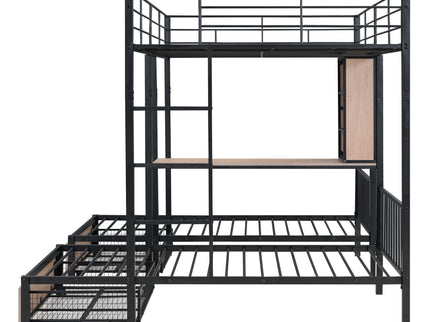 Triple Bunk Bed With Drawers, Multi-Functional Frame With Desks And Shelves In The Middle