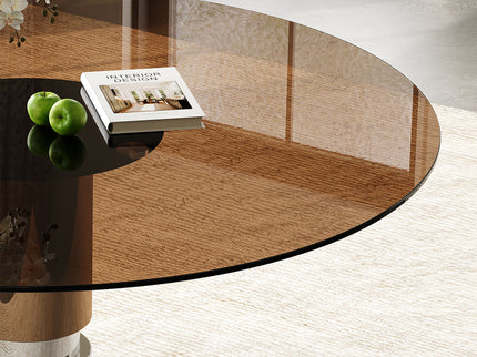 Round Dining Table & Tempered Glass Top - Brown